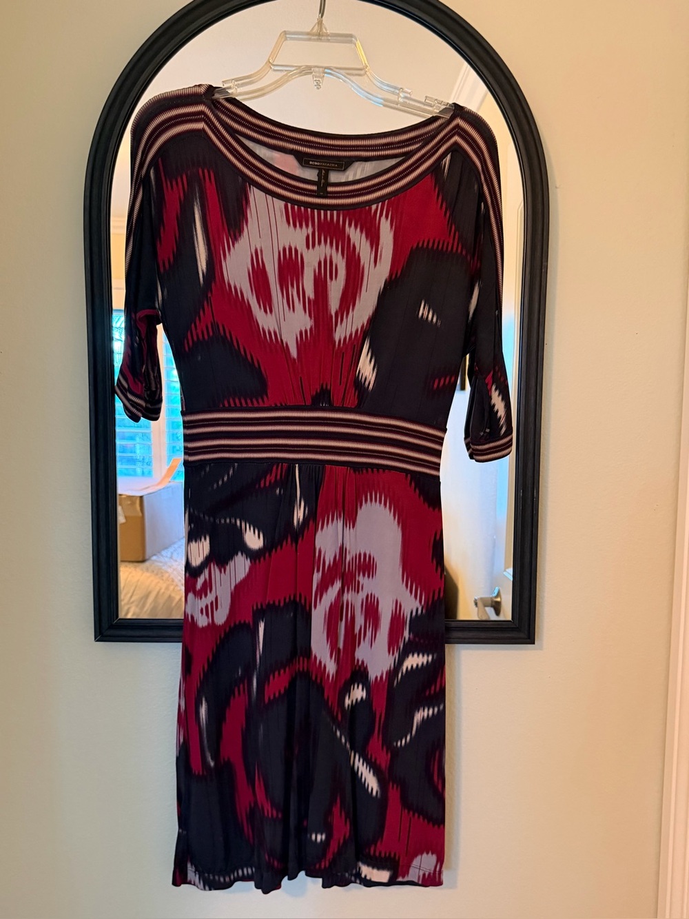 BCBGMaxAzria Red, Black and White Patterned Midi Dress